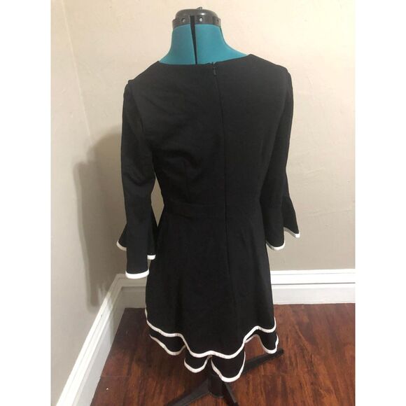 🧺Eliza J Bell Sleeve Ruffled Ponte Knit Dress Black w/ White Trim, size 10 - Picture 3 of 6